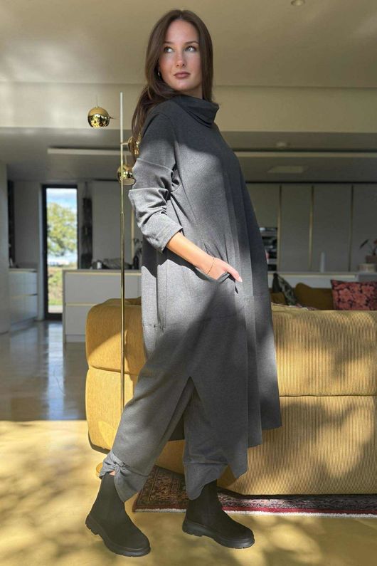 Scuba Stretch Funnel Neck Cocoon Dress Sport Grey /10=
